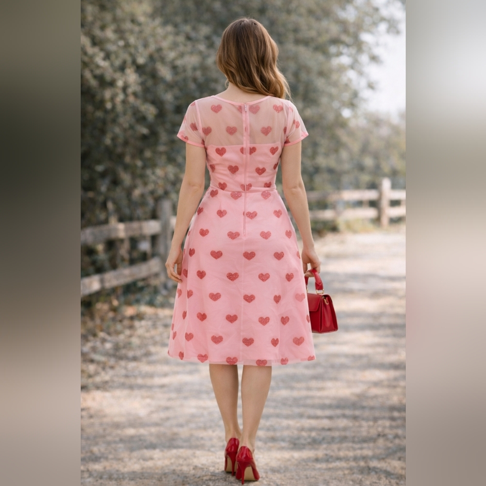 Unique Vintage Pink Heart Tea Dress with Sheer Overlay - Picture 3 of 3